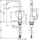 Hansgrohe Spültischmischer mit einem hohen, geschwungenen Auslauf und ergonomischem Bedienhebel. Technische Abmessungen sind im Diagramm dargestellt.